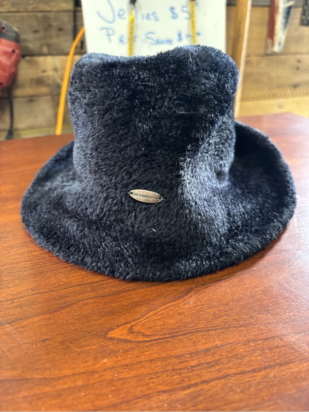 Liz Claiborne Black Faux Fur Bucket Hat with Logo Pin